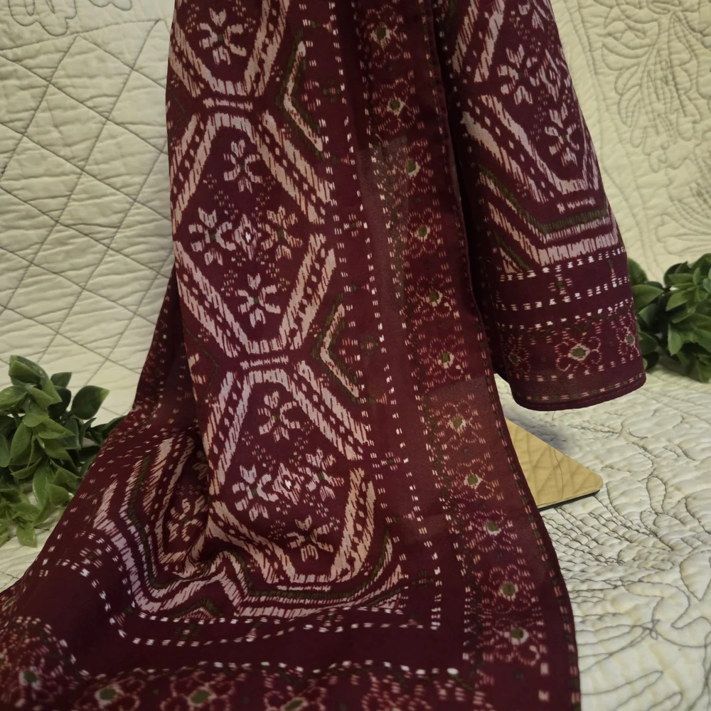 Boho Wine Red Geometric Long Scarf Oblong Lightweight Retro Folk Print